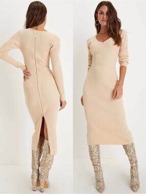 NWT Lulu’s Everyday Beauty Beige Long Sleeve Ribbed Knit Sweater Dress Small